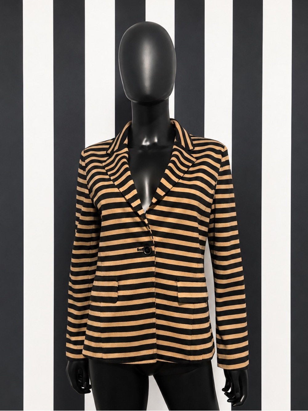 United Colors Of Benetton Black and Tan Striped Single-Button Blazer